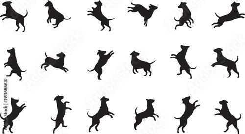 Dog silhouette set vector illustration, jumping running playful dog poses collection, black animal shapes, pet action icons, isolated white background, minimal design style