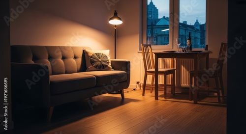 Cozy living room interior with sofa table chairs window and soft lighting