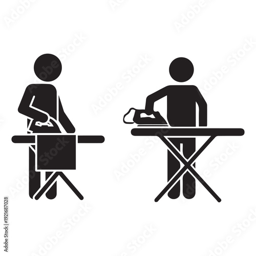 Minimalist Black & White Stick Figure Icon: Person Ironing Clothes on Ironing Board, Household Chore Symbol, Clean Design Element for Websites & Apps