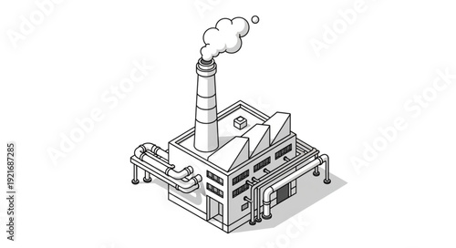 Industrial Factory Building with Smokestack.
