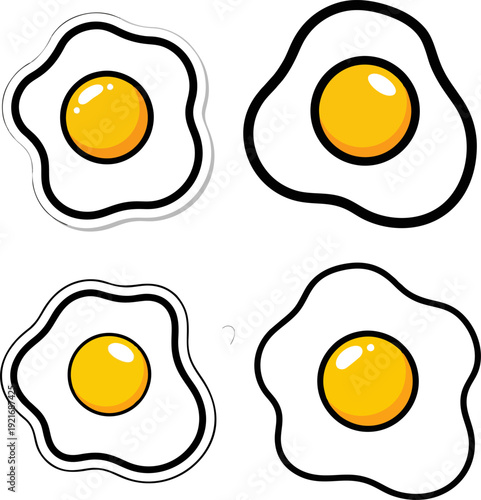 Collection of charming cartoon fried egg illustrations with sunny yolks, perfect for breakfast-themed graphics, menu designs, food concepts, or playful culinary projects