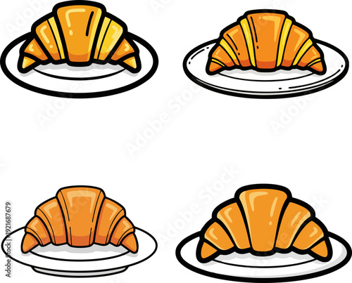 Delightful cartoon croissants on white plates, a charming illustration set for breakfast menus, bakery designs, or evoking the warm essence of freshly baked patisserie