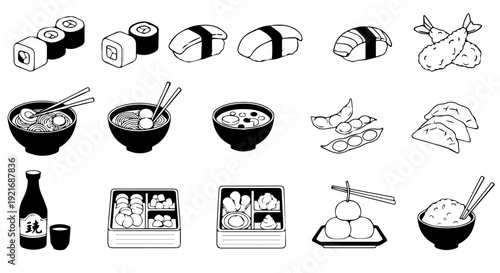 Japanese Food and Drink Icons A Collection of Traditional Cuisine and Beverages