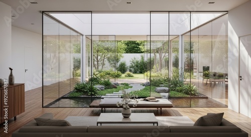 Modern interior living room with glass walls and natural outdoor view