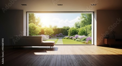Modern interior with large window overlooking garden landscape