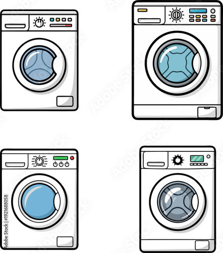 Collection of diverse front-loading washing machine illustrations depicting essential household cleaning appliances with various modern features and designs for domestic chores
