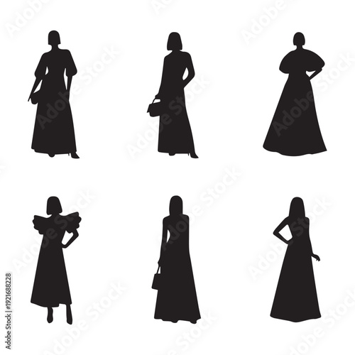 Six Black Silhouettes of Women in Long Dresses