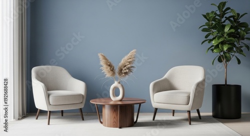 Modern living room interior with armchairs coffee table and decorative vase