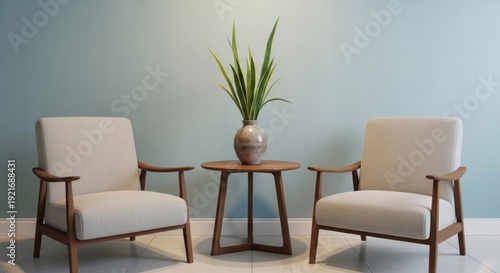 Modern living room interior two armchairs table and decorative plant