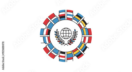 Commonwealth Global Unity Symbol with Diverse Flags and Olive Branches Around Earth