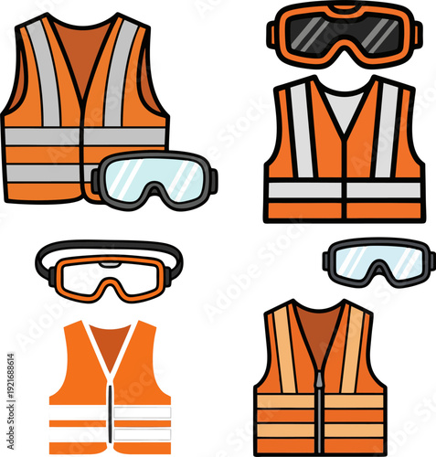 vector illustrations vest featuring various highly visible orange safety vests and clear protective goggles, essential for workplace occupational hazard prevention and safety standards adherence
