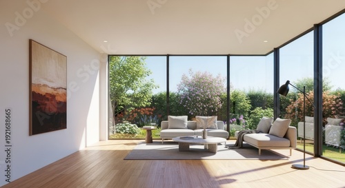 Modern living room interior with large windows and outdoor view