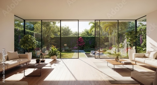 Modern living room interior with large windows overlooking a lush garden