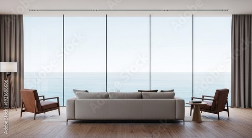 Modern living room interior with panoramic ocean view and contemporary furniture