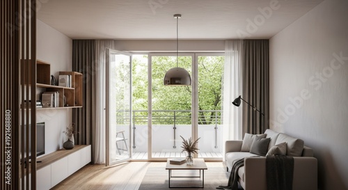 Modern living room interior with neutral colors and natural light