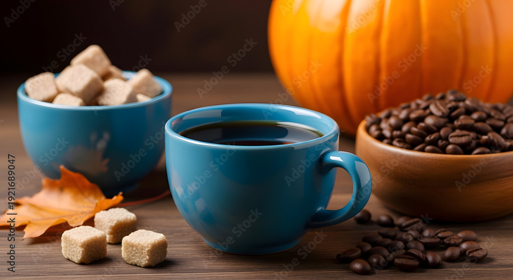 Fototapeta premium A Cozy Autumn Morning Coffee Scene with Pumpkin and Beans.