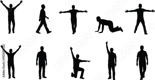 Collection of black human silhouettes in various poses isolated on white background, man standing, walking, jumping, kneeling and stretching vector illustration set