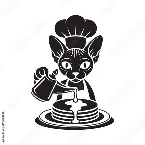 Sphynx cat chef pouring syrup on pancakes, illustration for food lovers