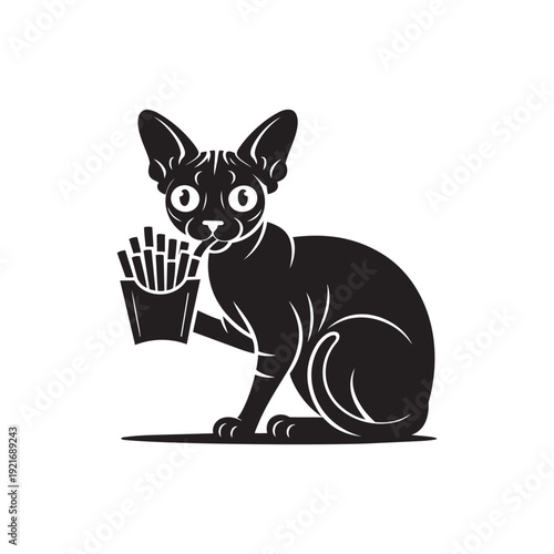 Black silhouette of a sphynx cat holding french fries, funny pet eating fast food, vector illustration