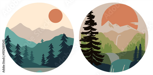 Set of two circular landscape illustrations. Minimalist flat vector of mountains, pine forest, and sun in retro style.