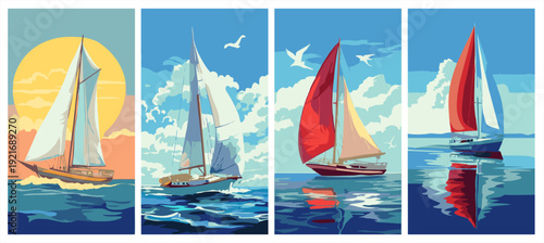 Set of four sailing boat posters. Modern flat vector illustration of sailboats on the ocean with sun and clouds.