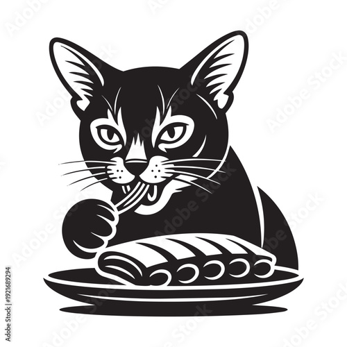 Stylized cat enjoying plate of grilled ribs black and white vector design