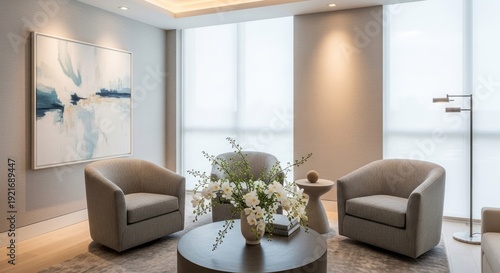 Modern waiting room interior design with armchairs coffee table and artwork