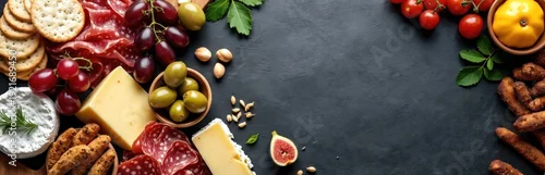 Panel kuchenny z motywem Assortment of cured meats cheese and crackers. Selection includes salami brie grapes olives figs nuts tomatoes. Dark slate surface provides copy space for text.