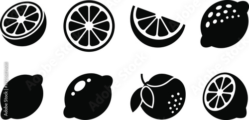 Black and white citrus fruit icon set, lemon slice whole lemon orange silhouette vector illustration collection