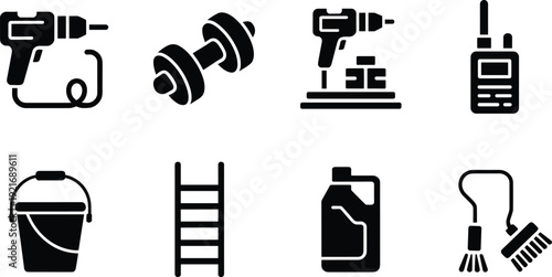 Black and white construction equipment icon set, drill dumbbell ladder bucket radio fuel can silhouette vector collection