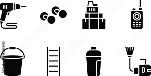 Black and white construction tool icon set, drill bucket ladder radio cement mixer silhouette vector collection