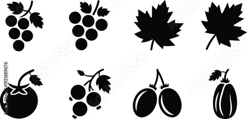 Black and white fruit icon set, grapes maple leaf tomato cherries plum silhouette vector collection