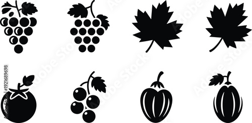 Black and white fruit silhouette icon set, grapes maple leaf tomato berry plum vector collection