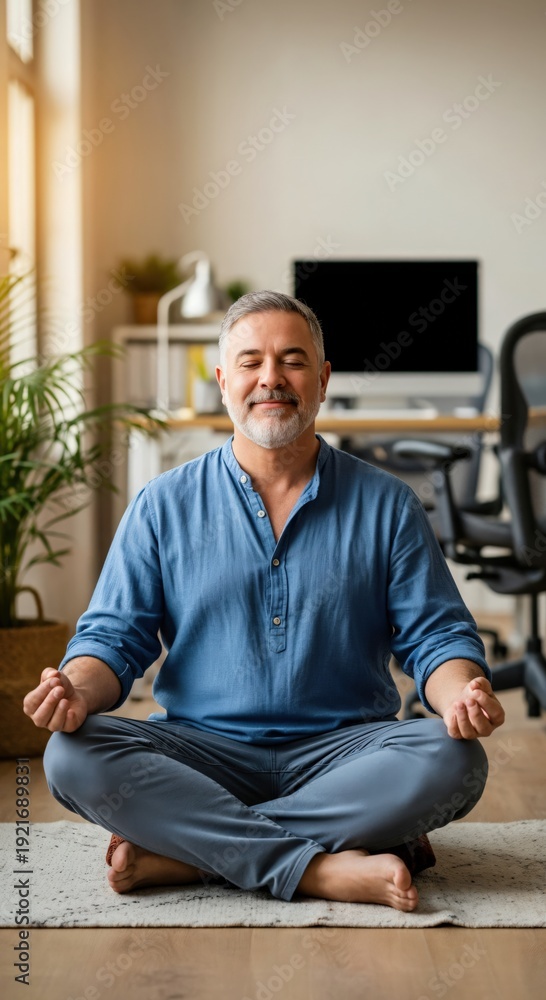 Fototapeta premium Mature Caucasian man meditating in home office for mindful stress relief and mental health