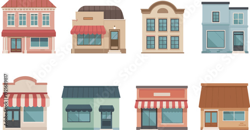 Cartoon commercial building icon set, storefront shop facade small business flat vector illustration collection