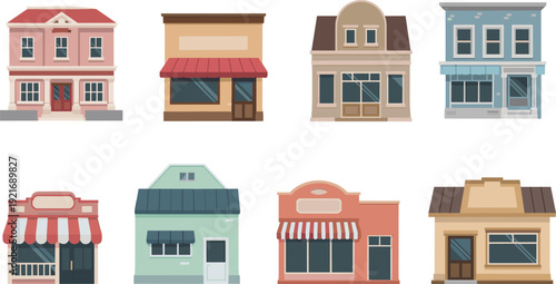 Cartoon commercial building icon set, storefront shop facade small business flat vector illustration collection