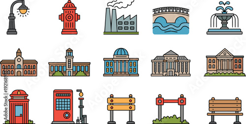 Collection of 15 cartoon style city icons, urban infrastructure, public buildings, street elements and municipal objects set