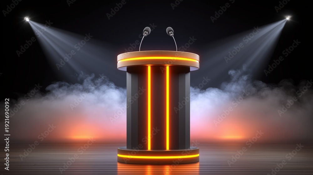 Obraz premium Modern podium with neon lights and smoke on a stage, illuminated by spotlights