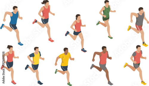 Isometric running people set, marathon athletes jogging men women sports fitness flat vector illustration collection
