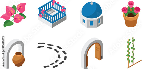 Isometric Mediterranean icons set, flowers balcony dome pottery door footprints and garden elements vector illustration collection