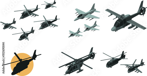 Isometric military aircraft collection, fighter jets and attack helicopters set, modern air force aviation vector illustration isolated background
