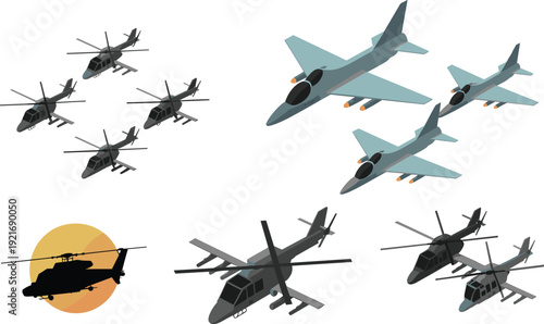 Isometric military aircraft set, fighter jets and attack helicopters collection, modern air force aviation illustration isolated on light background