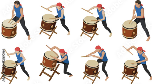 Isometric taiko drummer set, Japanese traditional drum performance musician flat vector illustration collection