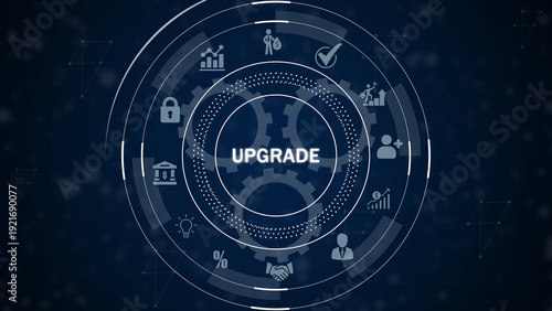 Futuristic digital interface with the word UPGRADE in the center surrounded by gears and business on a dark blue background with glowing particles