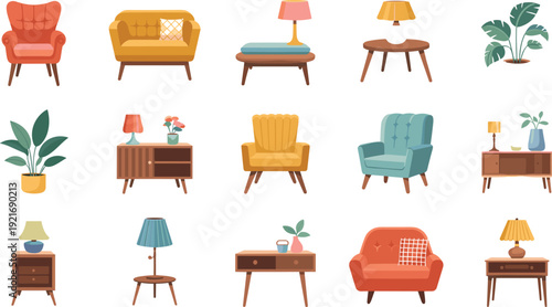 Mid century modern furniture icon set, armchairs, sofas, tables and lamps flat vector home interior illustration collection