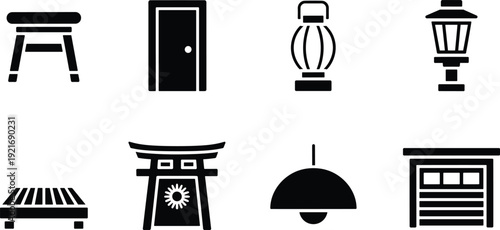 Japanese traditional object silhouette icon set, torii lantern tatami door shrine lamp black white vector collection