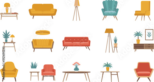 Mid century modern furniture set with sofas, armchairs, lamps and tables flat vector interior design illustration collection