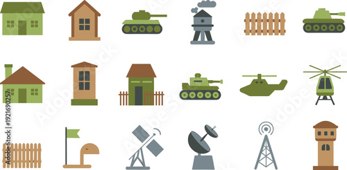 Military and defense icon set, tanks helicopter radar tower houses fence surveillance flat vector illustration collection