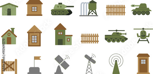 Military defense icon set, tanks helicopter radar satellite houses fence security tower flat vector illustration collection