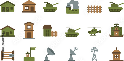 Military and defense flat icon set, tanks helicopter radar houses fence communication tower vector illustration collection